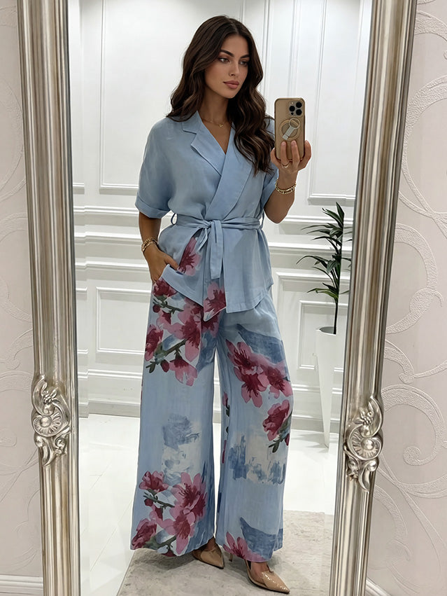Casual Wrap Top & Floral Print Wide-Leg Pants Two-Piece Set
