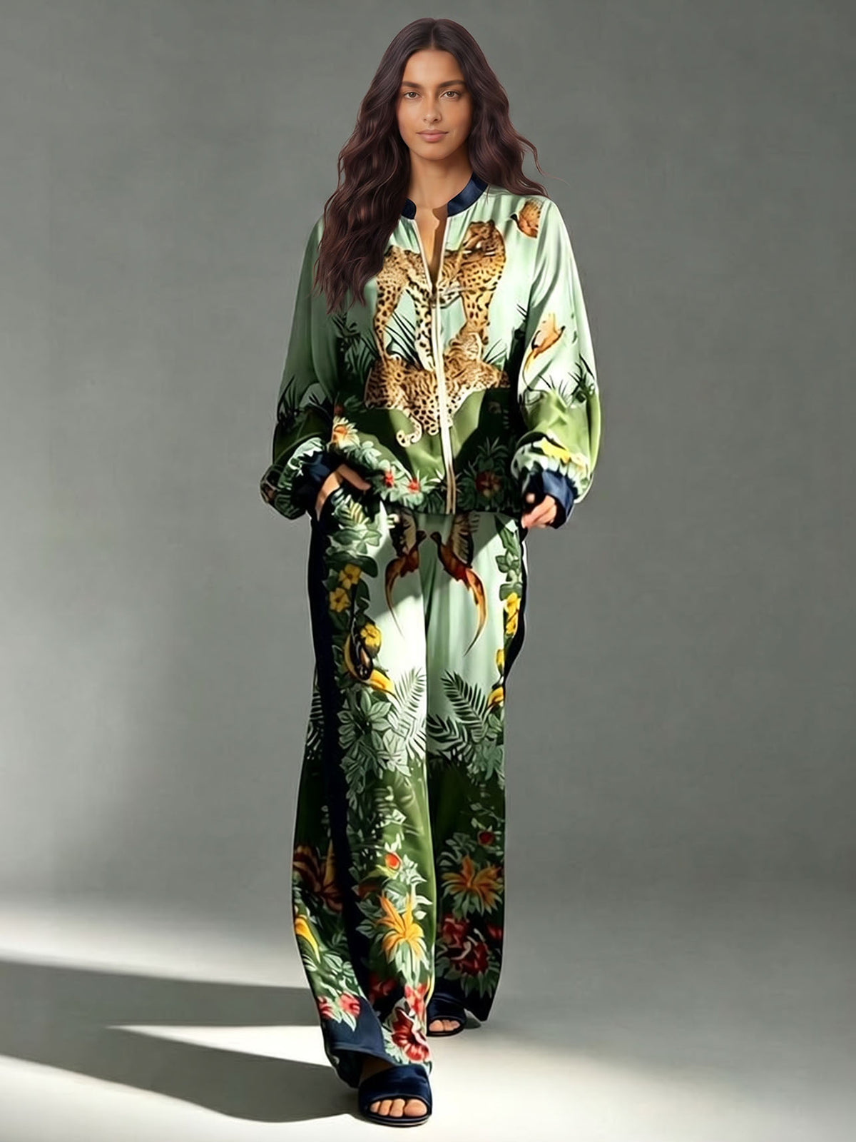 Exotic Jungle Print Zip-Up Long Sleeve Shirt