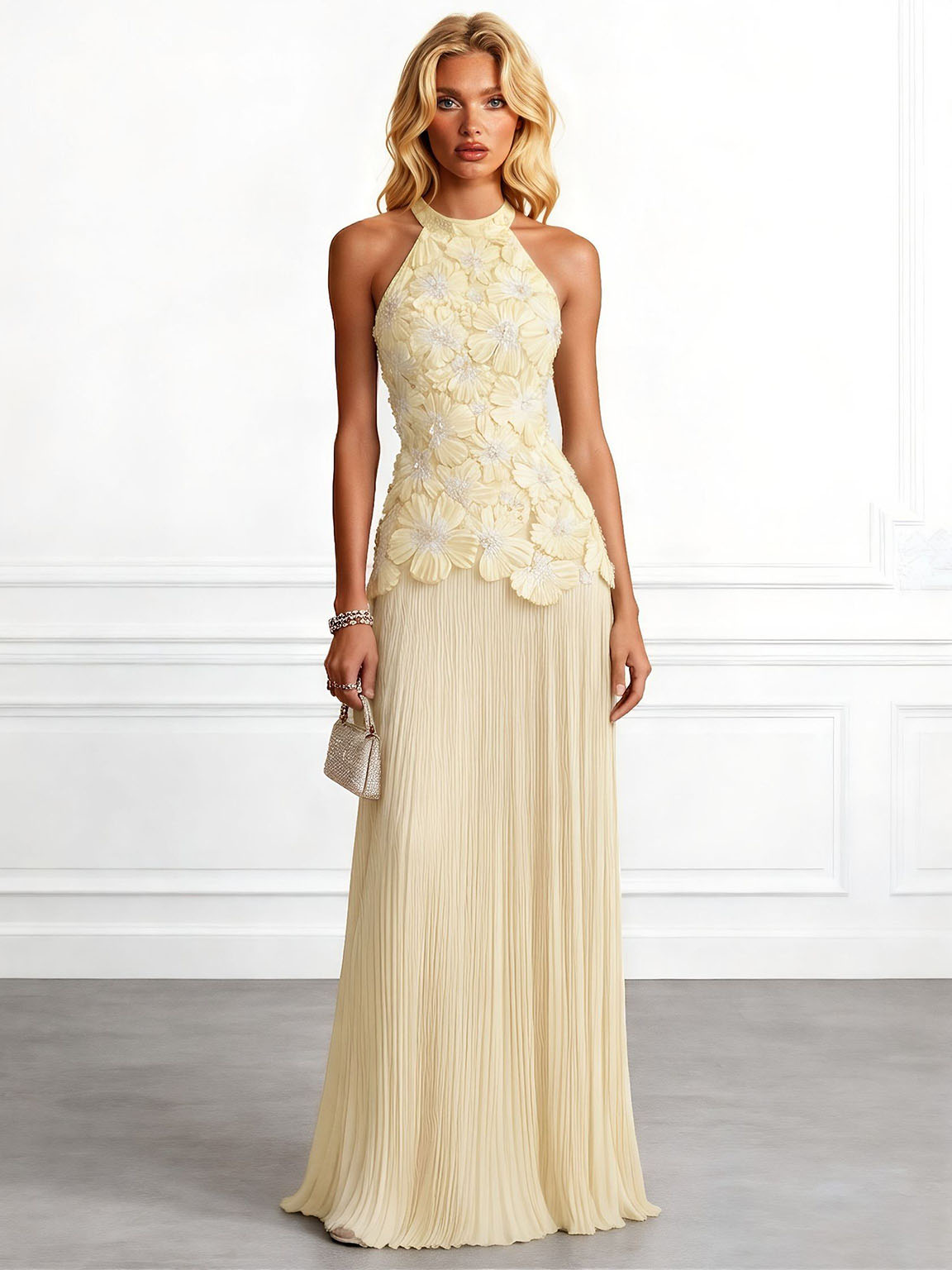 Elegant Halter Neck 3D Floral Appliqué Ruched Maxi Dress