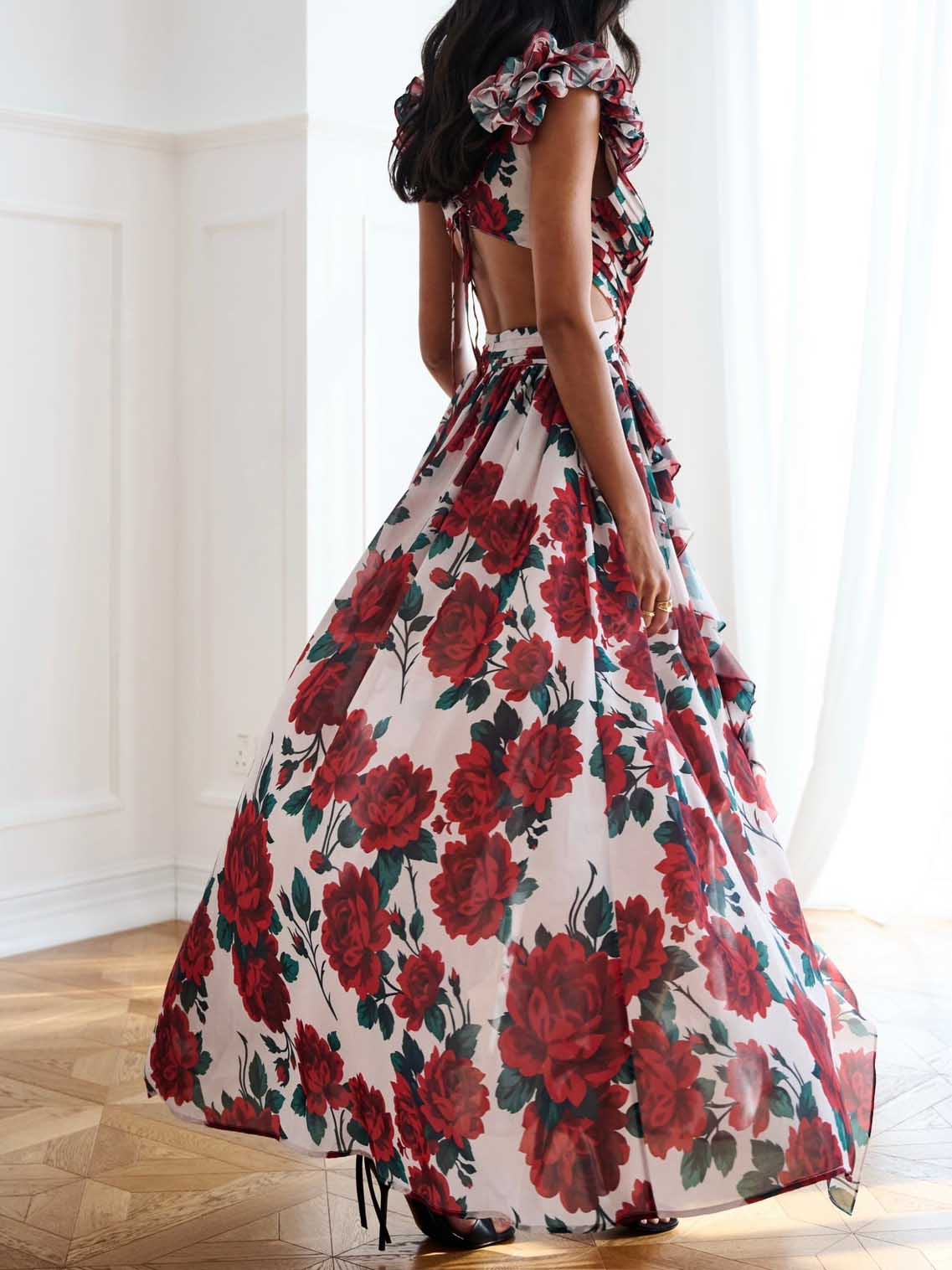 Elegant Floral Print Cut-Out Maxi Dress