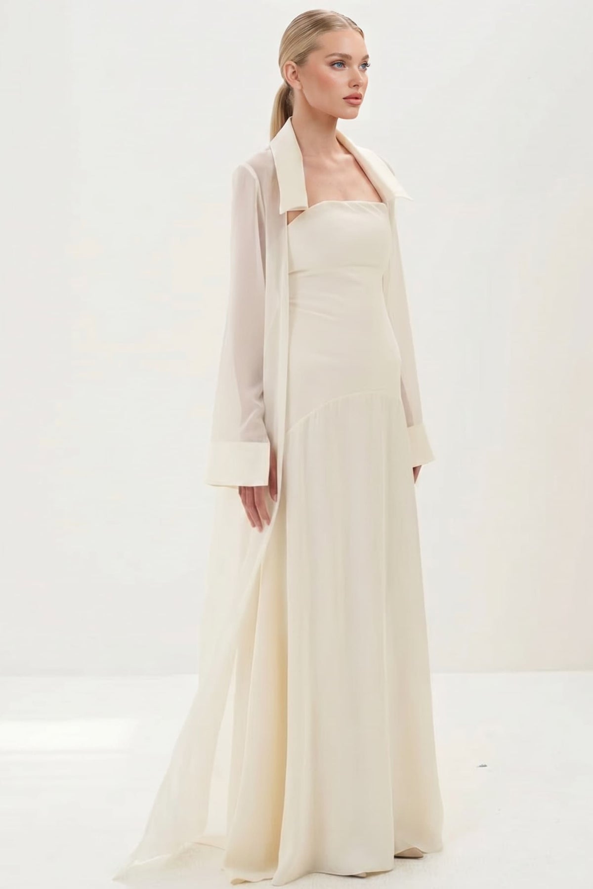 Elegant Satin Maxi Dress & Long Sheer Chiffon Cover-Up Two-Piece Set