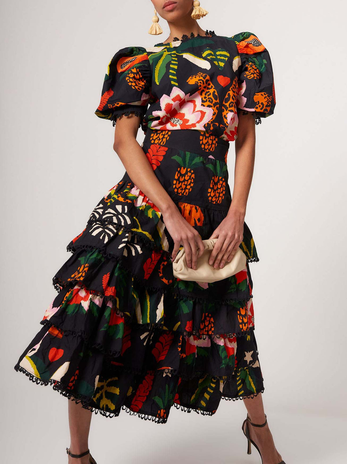 Elegant Tropical Print Puff Sleeve Ruffle Two-Piece Set