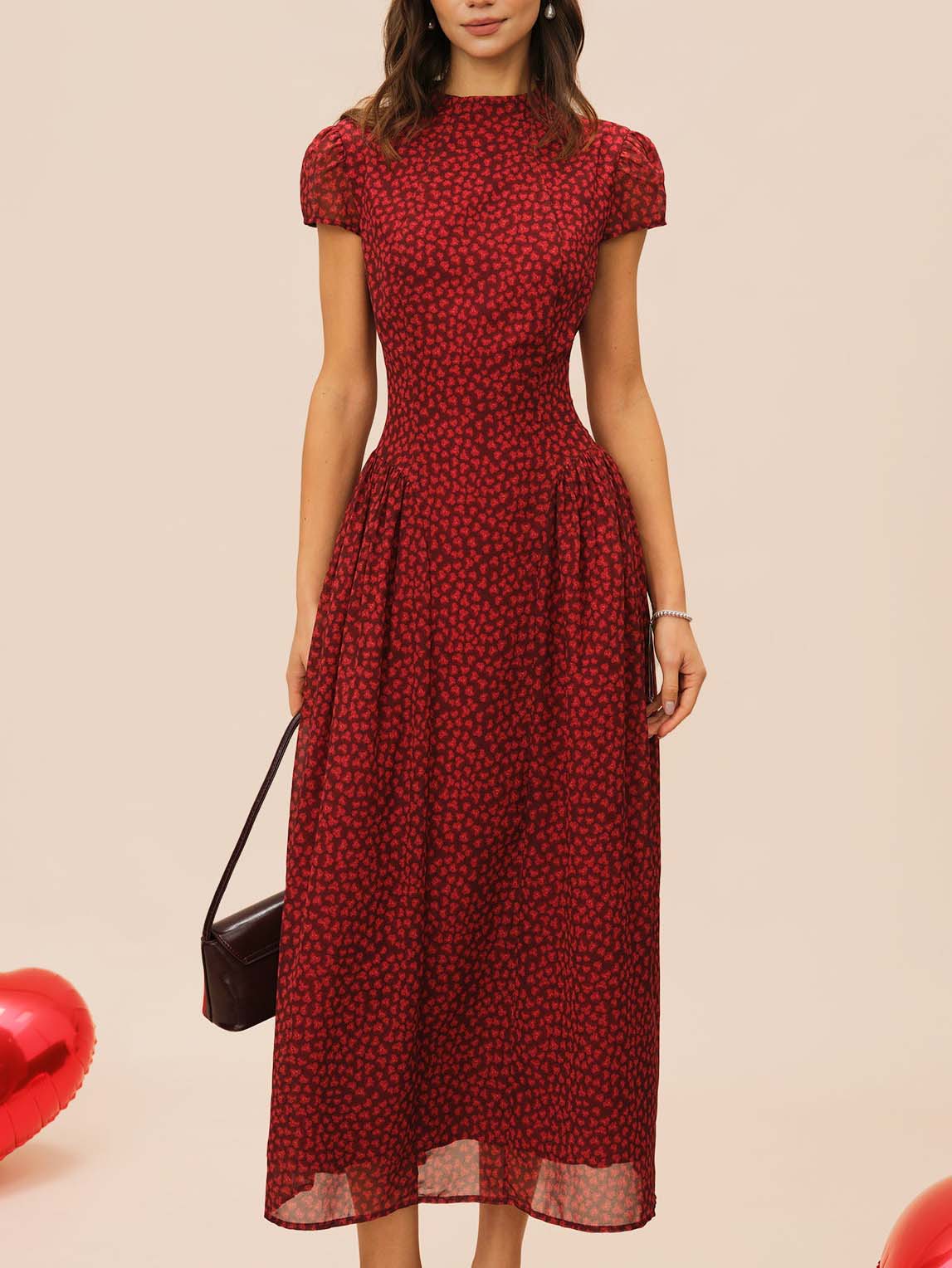 Retro Floral Pleated Flowy Midi Dress