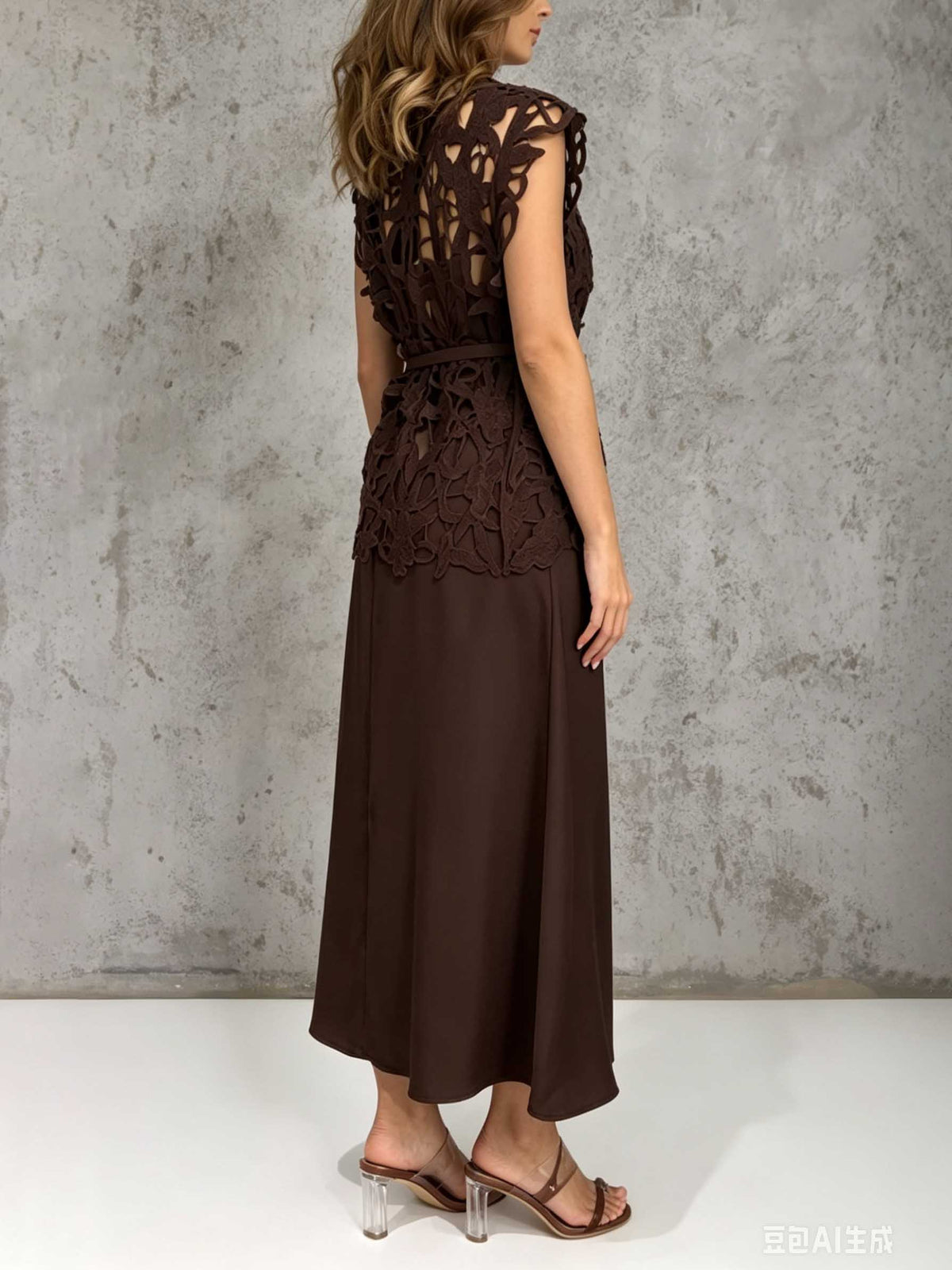 Elegant Cutout Lace Top & Satin Dress Two-Piece Set