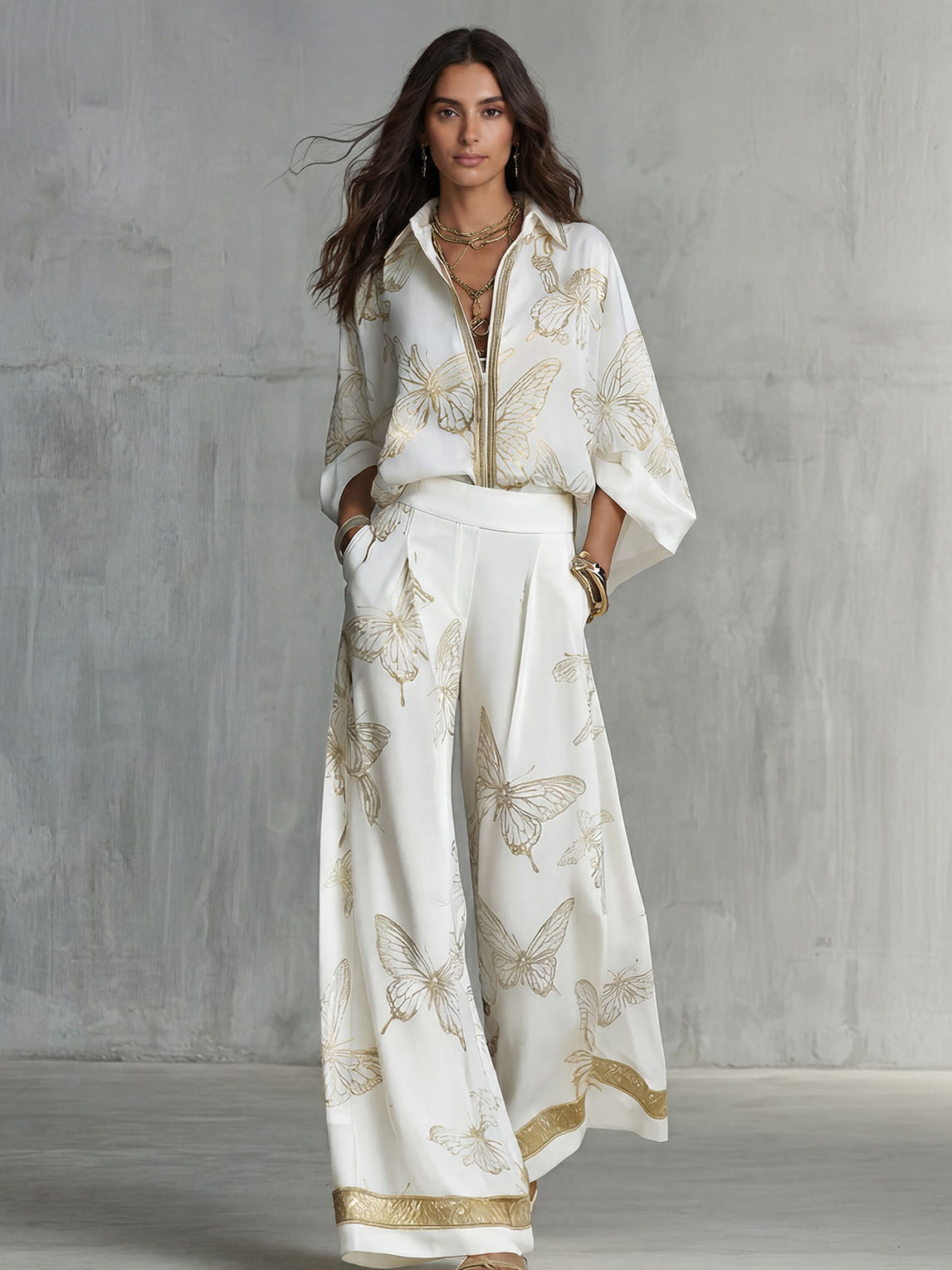 Elegant Butterfly Print Wide-Leg Pants