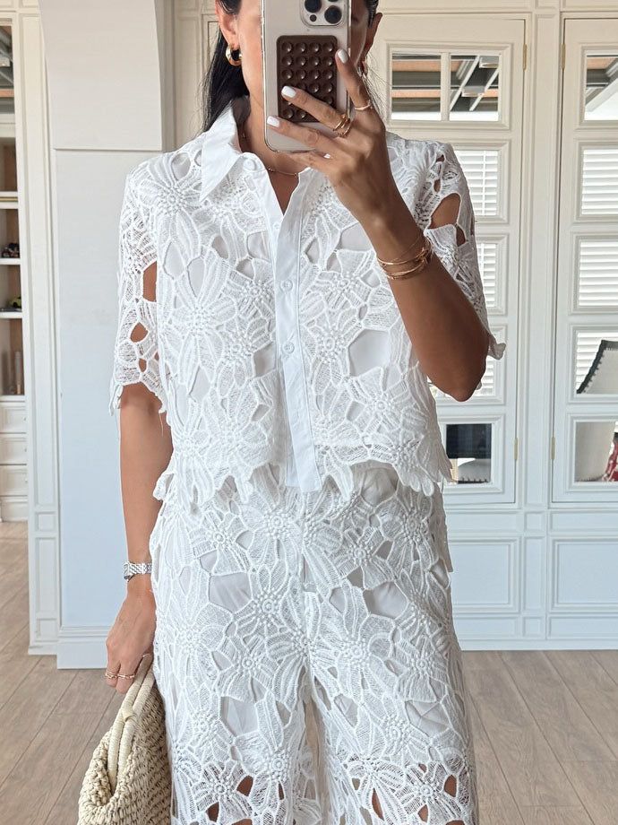 Casual Cutout Lace Short Sleeve Shirt