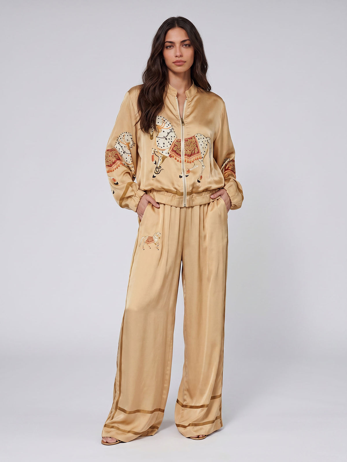 Exquisite Satin Horse Print Wide-Leg Pants