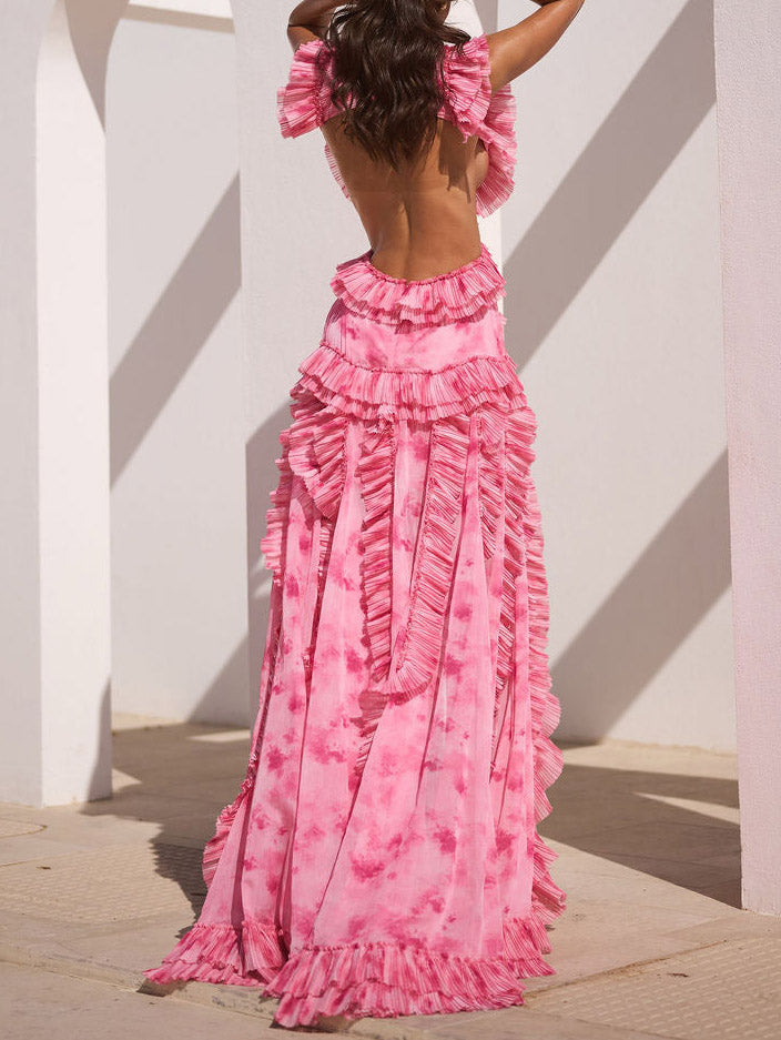Elegant Tie-Dye Ruffle Cut-Out Slit Maxi Dress-Likemychoice