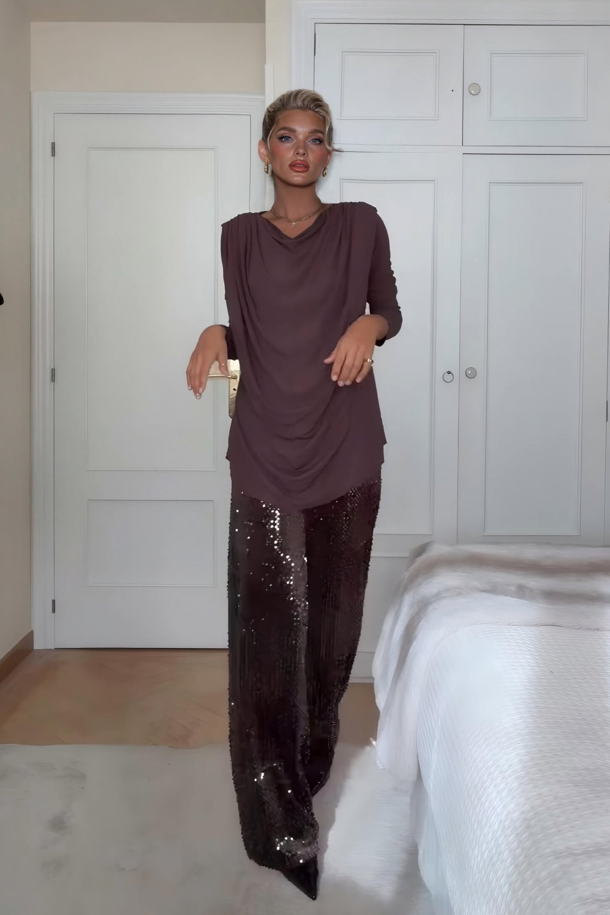Unique Sparkling Rhinestone-Embellished Wide-Leg Jeans