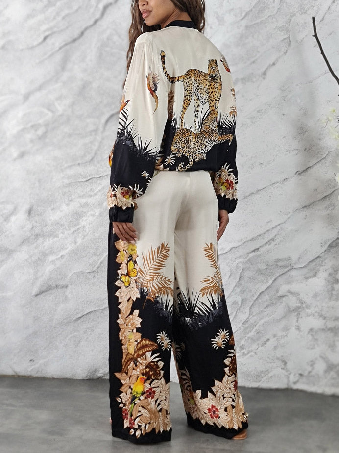 Exotic Jungle Print Zip-Up Long Sleeve Shirt
