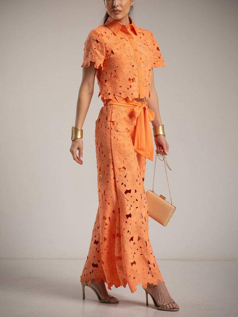 Casual Cutout Lace Shirt & Wide-Leg Pants Two-Piece Set