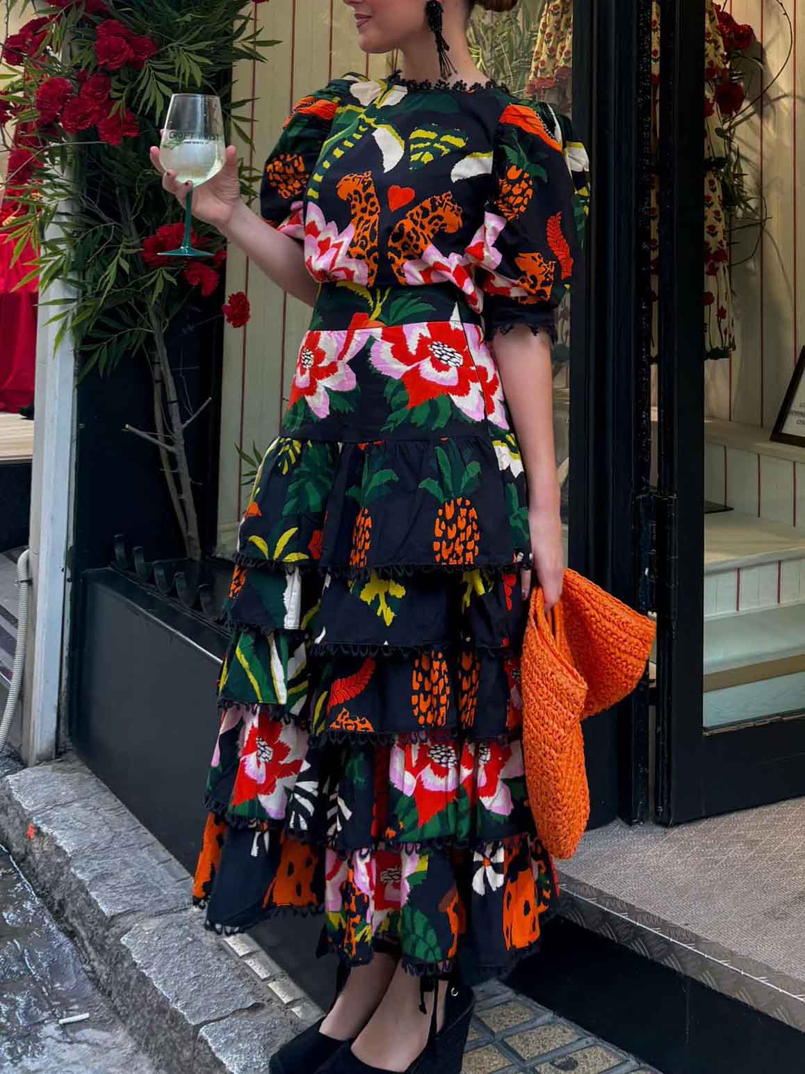 Elegant Tropical Print Puff Sleeve Ruffle Two-Piece Set