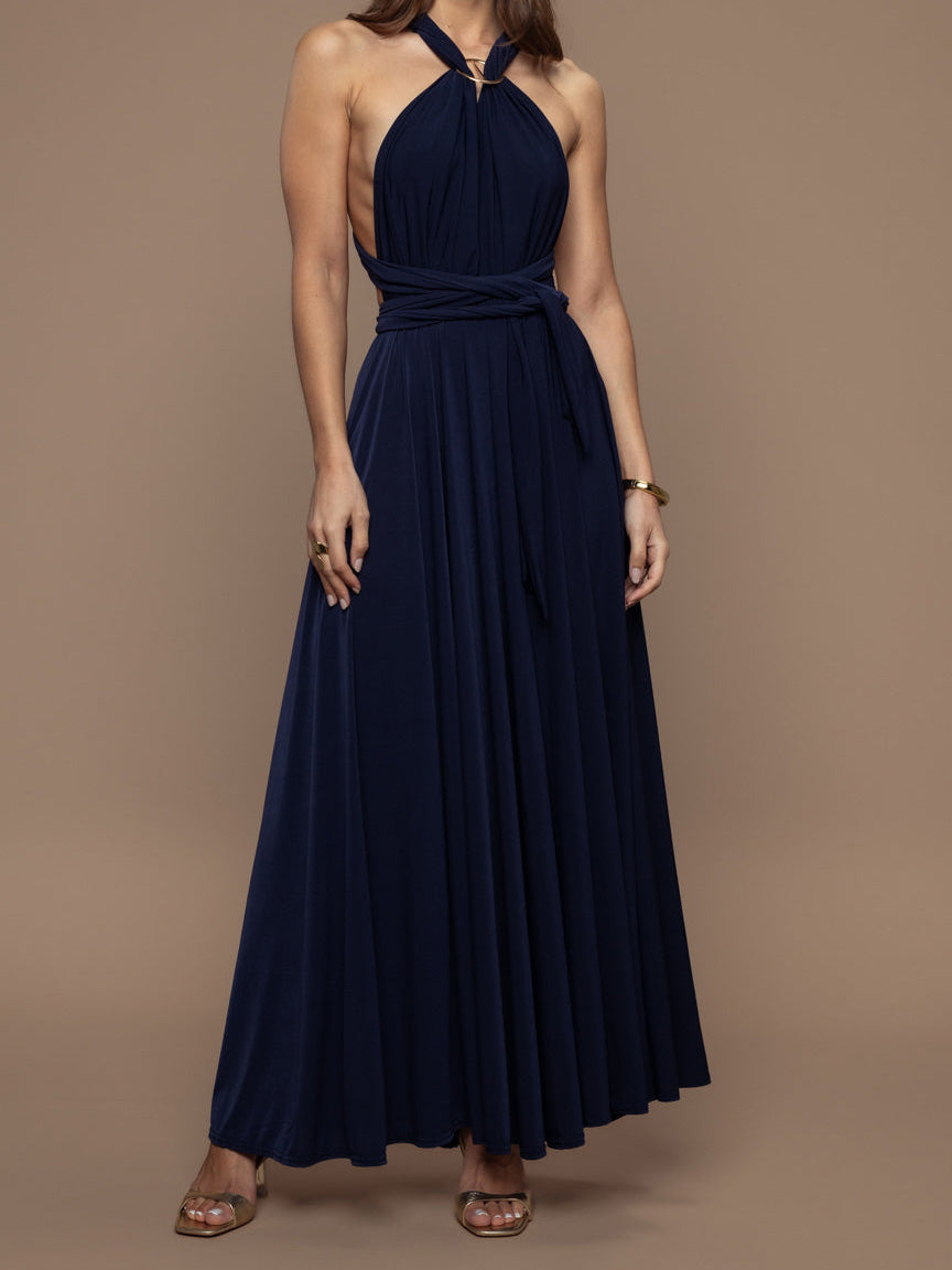 Elegant Multi-Way Neck Draped Tie-Waist Maxi Dress