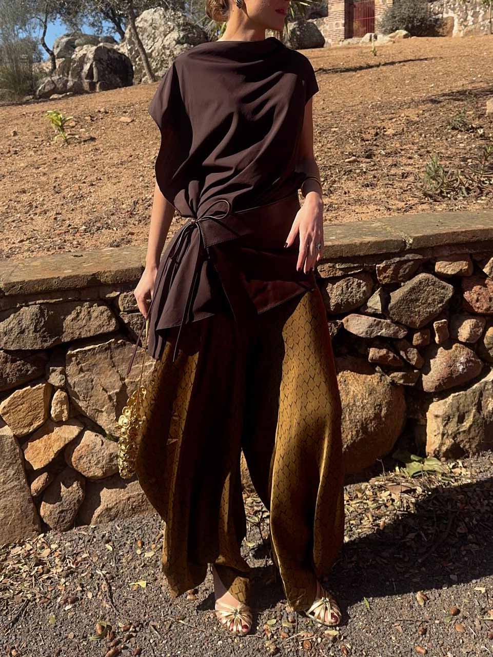 Elegant Asymmetrical Drape Top & Printed Wide-Leg Pants Two-Piece Set