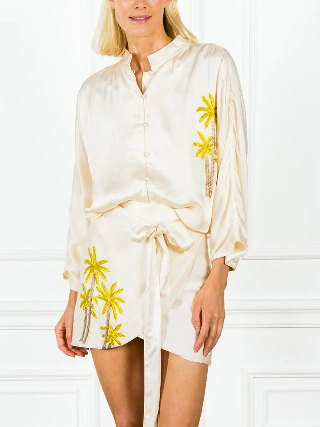 Casual Floral Embroidered Shirt & Wrap Skirt Set