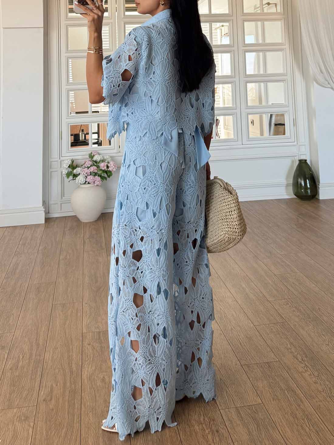 Casual Cutout Lace Shirt & Wide-Leg Pants Two-Piece Set
