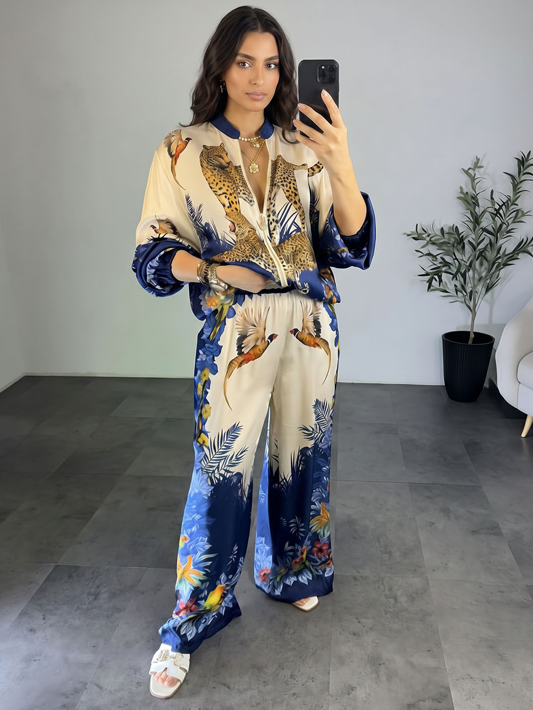 Exotic Jungle Print Zip-Up Long Sleeve Shirt