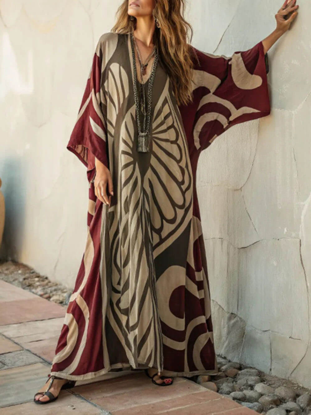 Bohemian Pattern Print Off-Shoulder Half Sleeve Kimono Maxi Dress