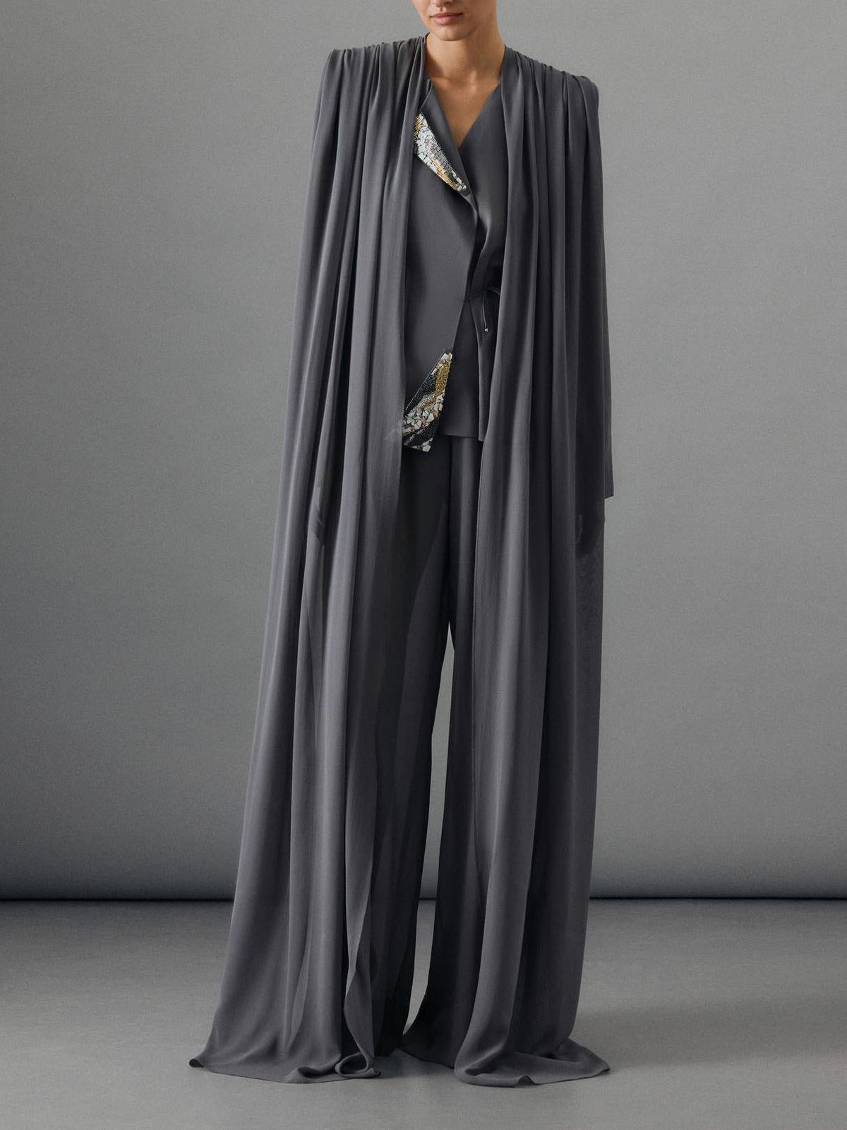 Elegant Draped Chiffon Shirt & Wide Leg Pants Two-Piece Set