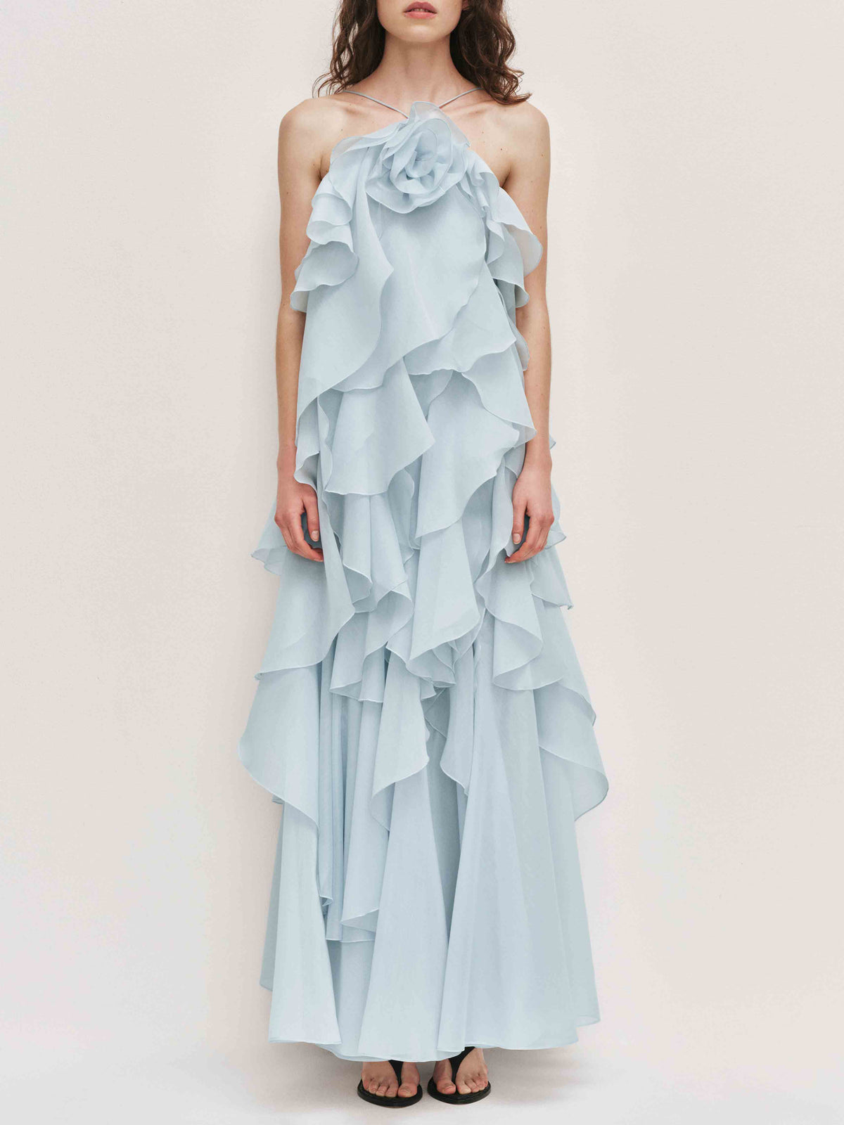 Elegant 3D Flower Ruffle Halter Maxi Dress