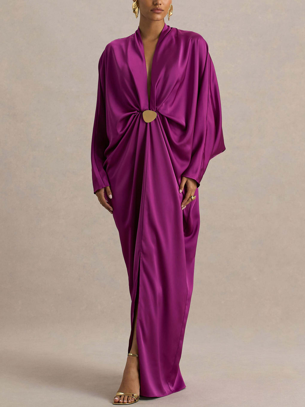 Elegant Satin Batwing Sleeve Draped Maxi Dress