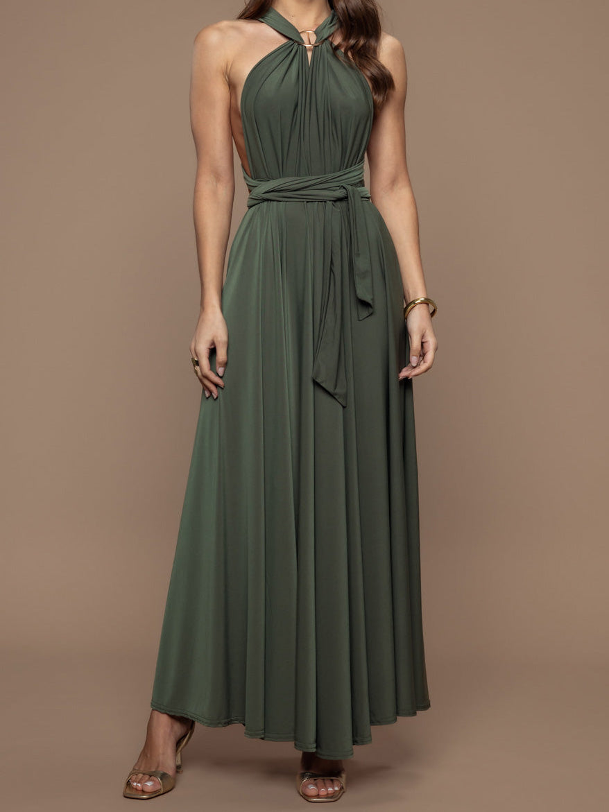 Elegant Multi-Way Neck Draped Tie-Waist Maxi Dress