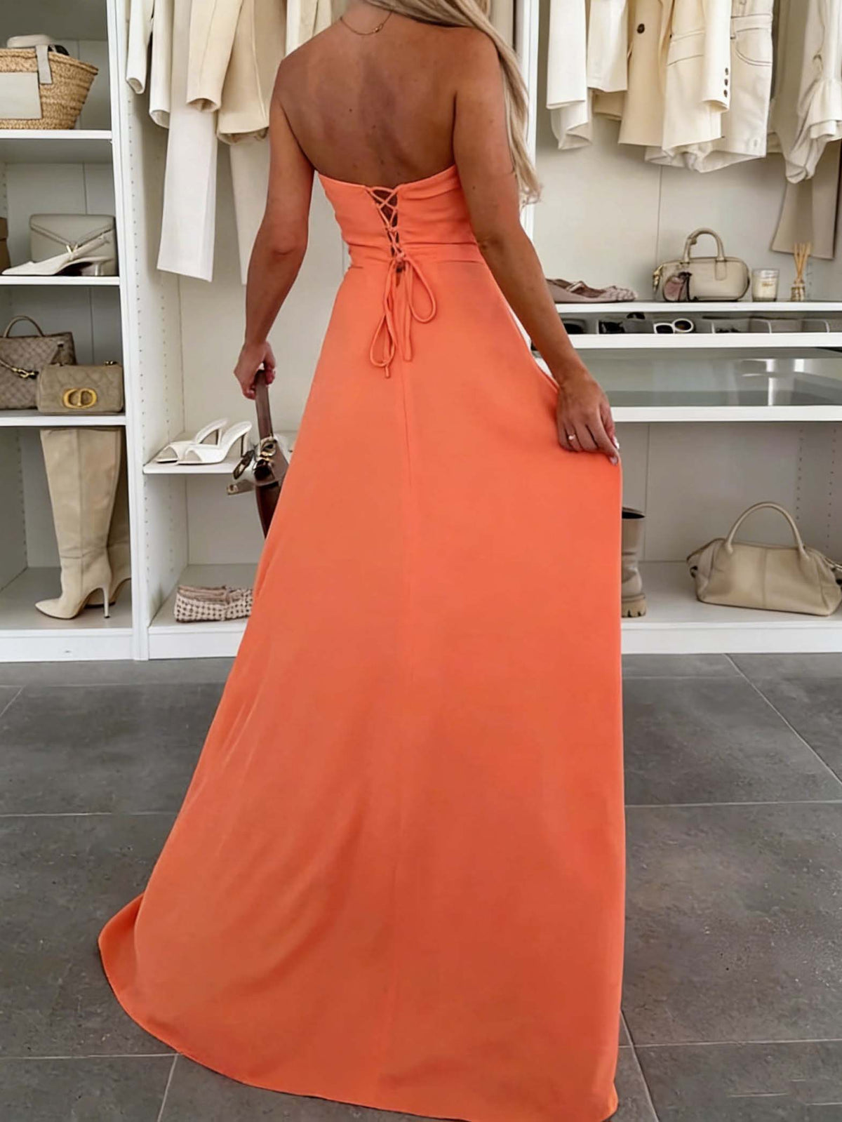 Elegant Strapless Draped Corset High Slit Maxi Dress