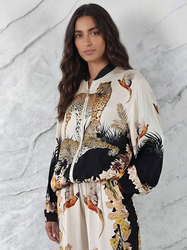 Exotic Jungle Print Zip-Up Long Sleeve Shirt