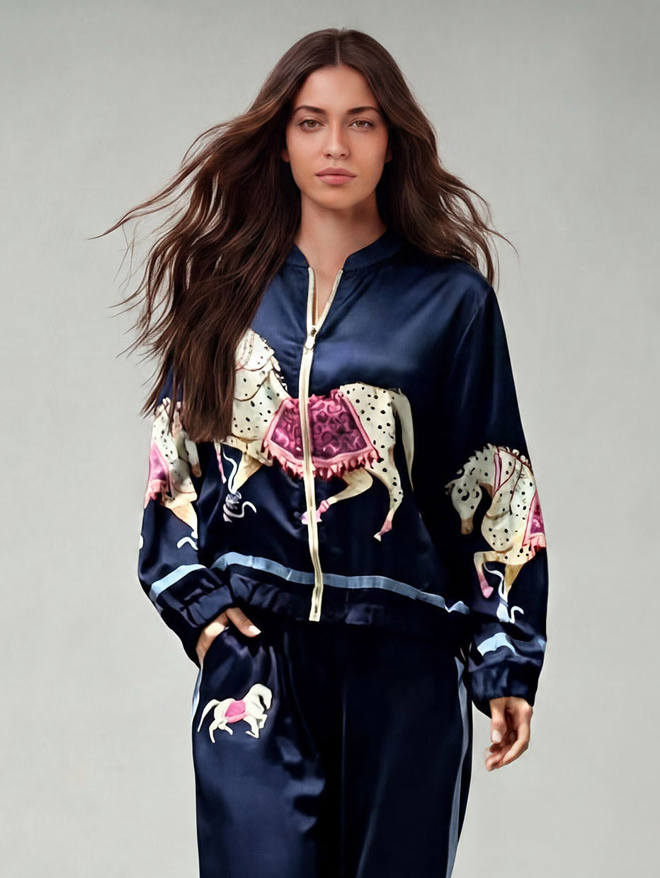 Exquisite Satin Horse Print Wide-Leg Pants
