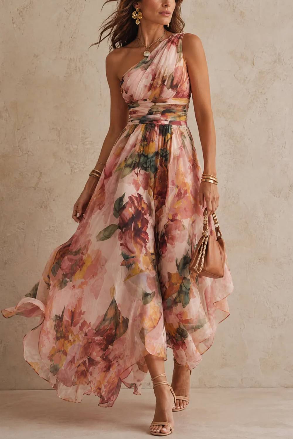 One-Shoulder Tight-Waist Irregular Print Long Dress