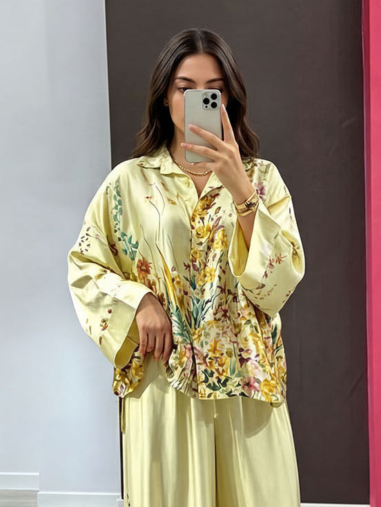 Elegant Floral Print Satin Wide Leg Pants
