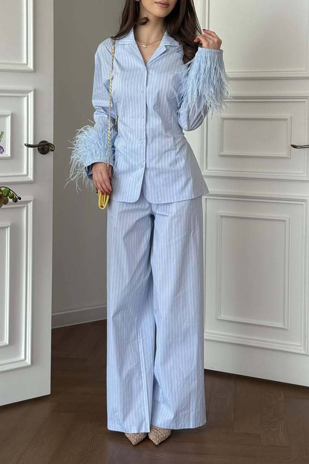 Striped Feather Cuff Blazer & Wide‑Leg Pants Two‑Piece Set