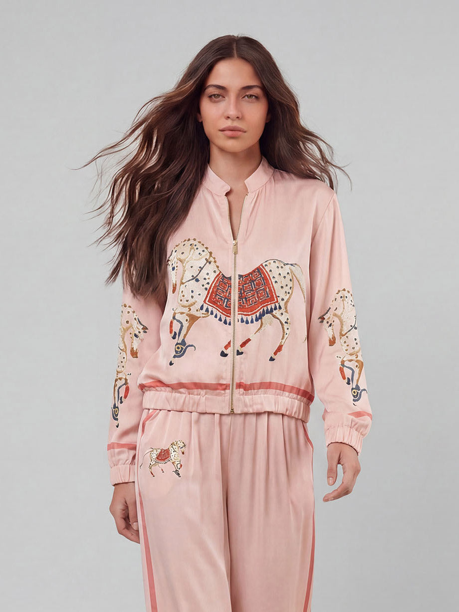 Exquisite Satin Horse Print Zip-Up Shirt