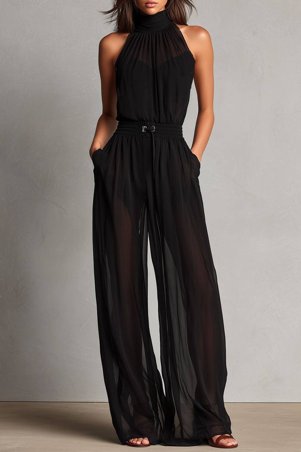Halter Mock Neck Sheer Smocked Waist Wide‑Leg Jumpsuit With Pockets