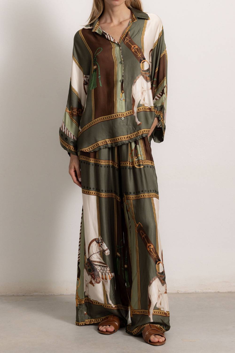 Vintage Equestrian Print Button‑Down Shirt & Wide‑Leg Pants Two‑Piece Set
