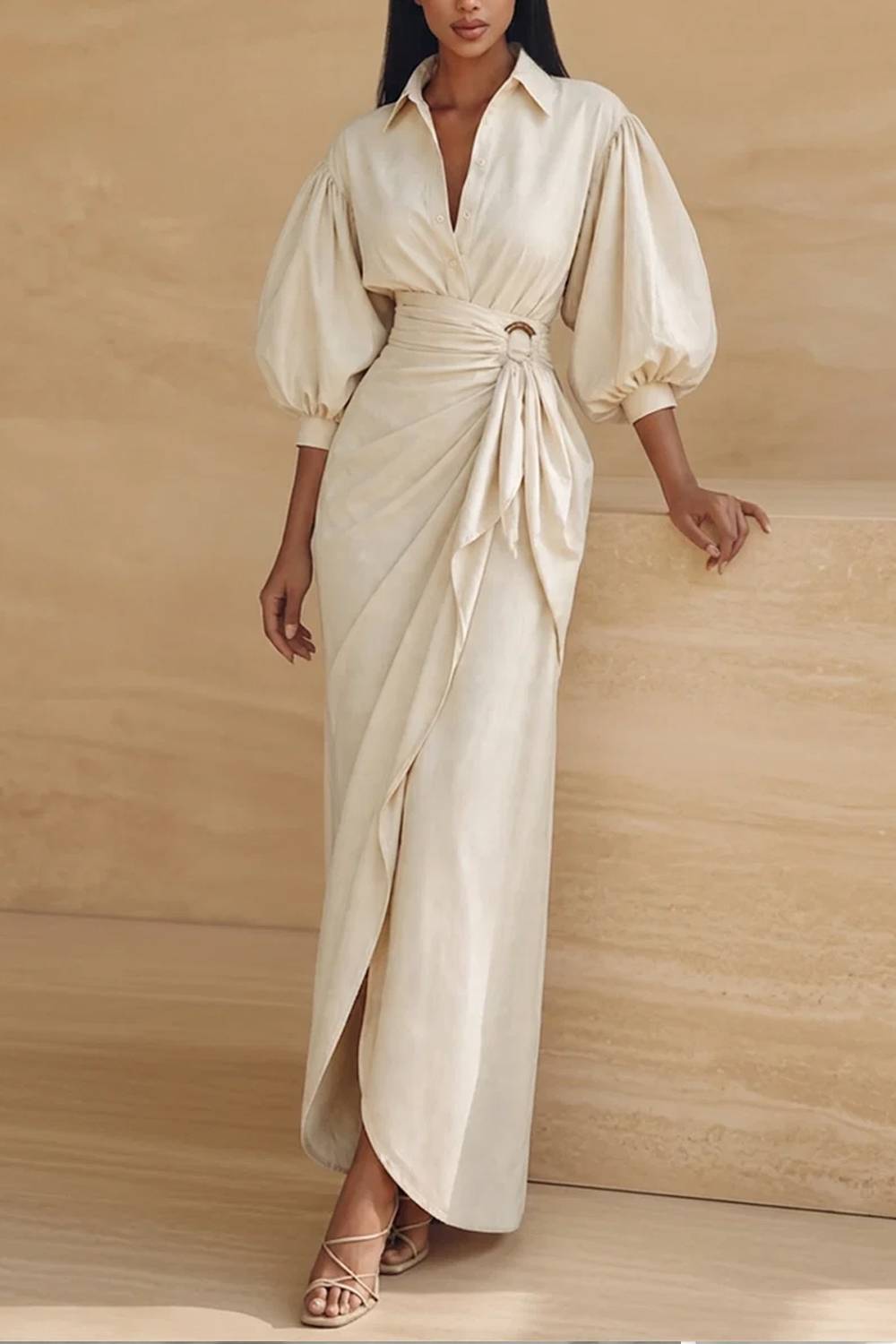 Collared Puff Sleeve Top & Ring‑Detail Wrap Maxi Skirt Two‑Piece Set