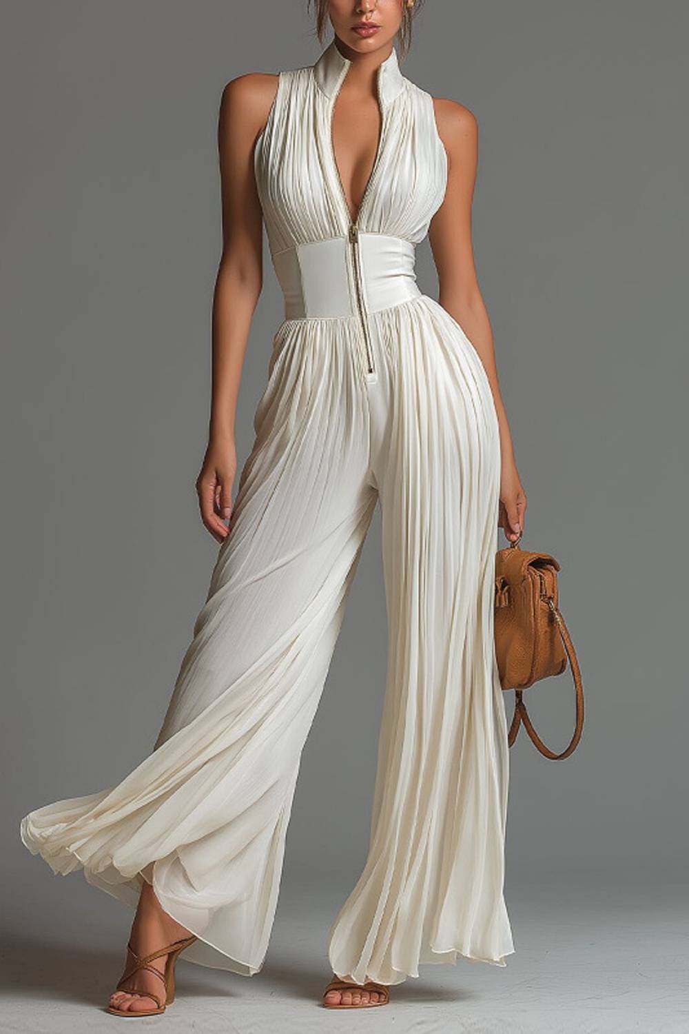 Sleeveless Wide-leg Jumpsuit With Stand Collar And Half Zipper