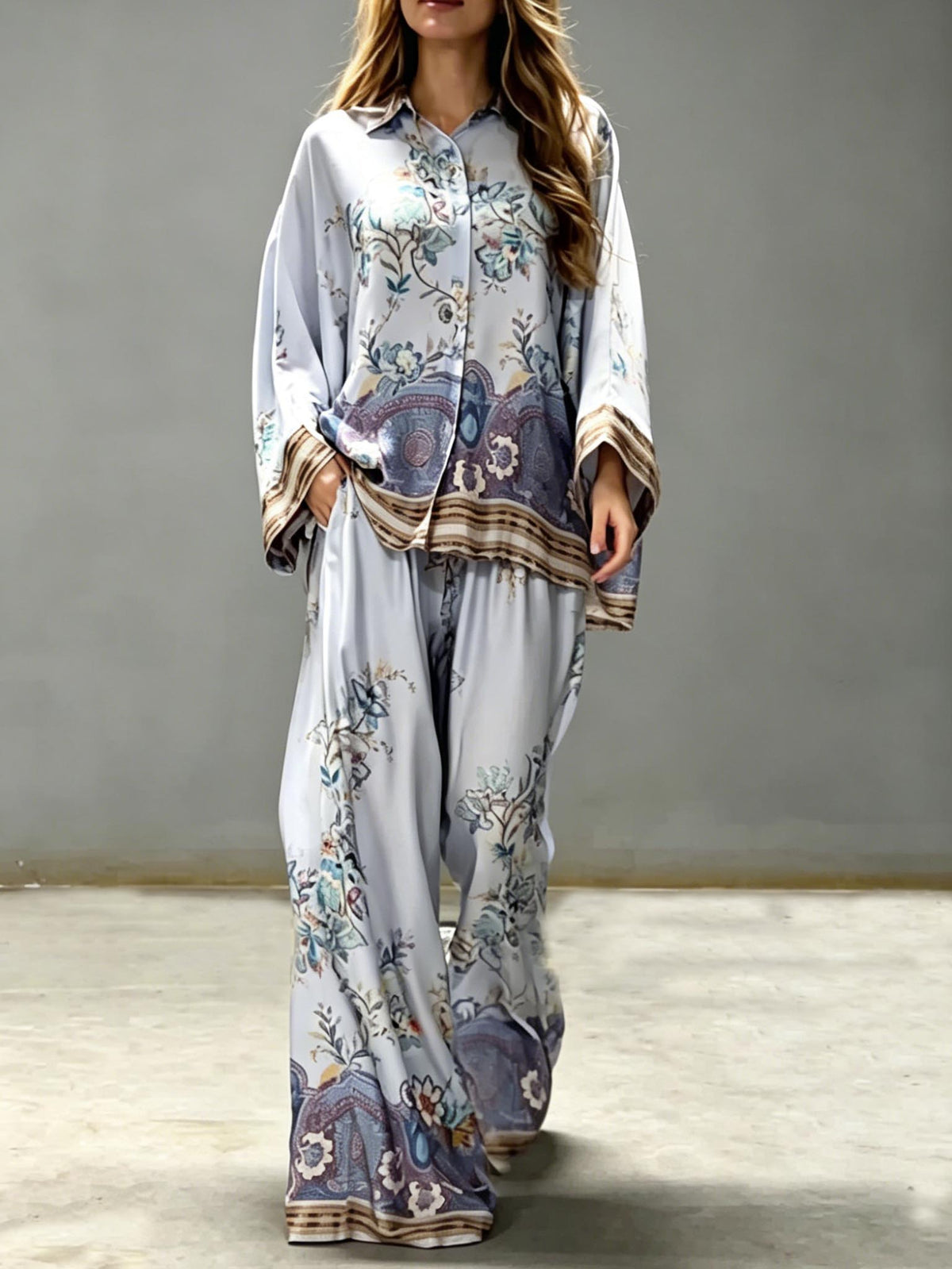 Exquisite Floral Paisley Print Satin Button Shirt & Wide Leg Pants Set