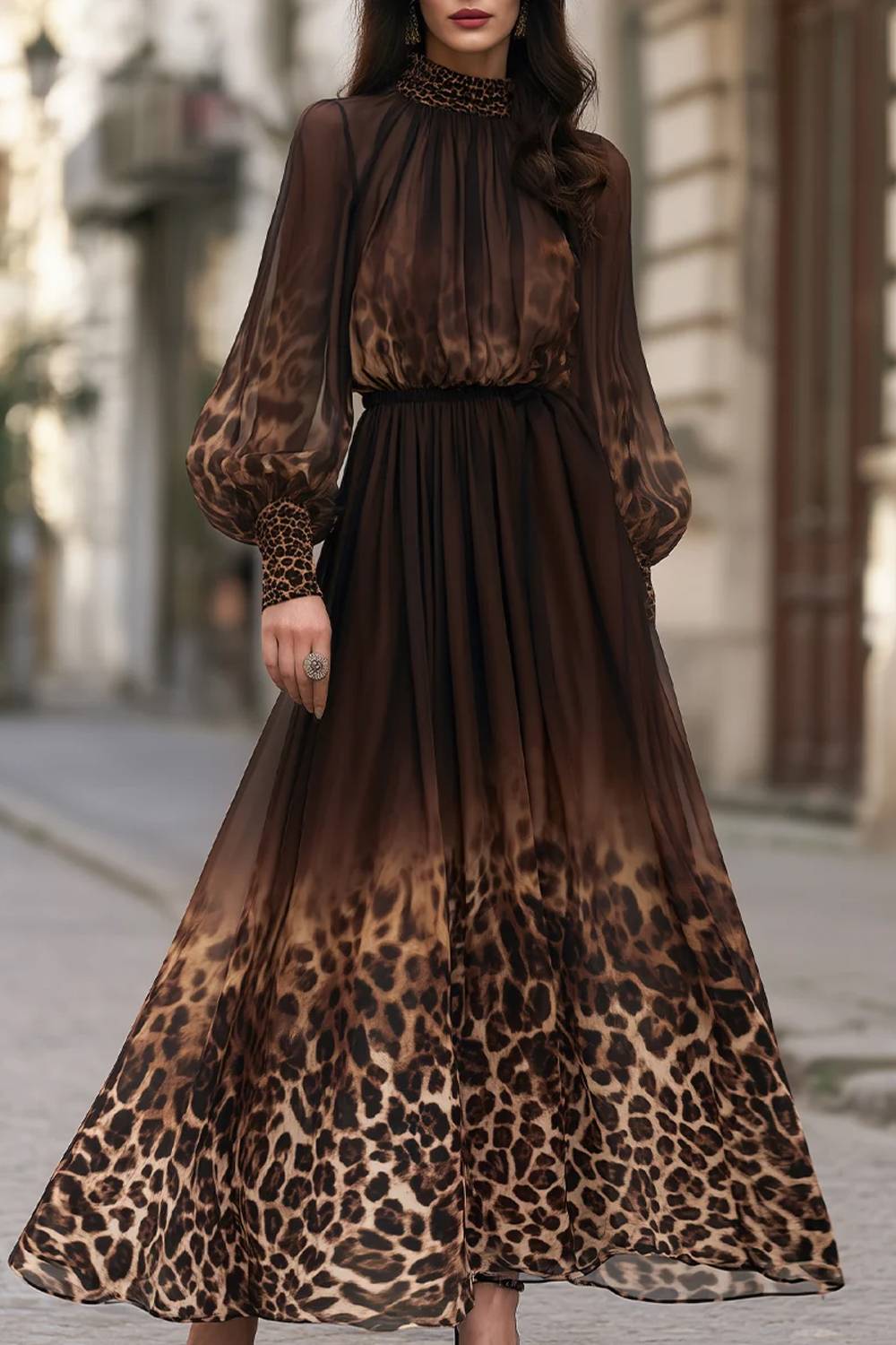 Lantern-sleeve Leopard-print Flowing Maxi Dress