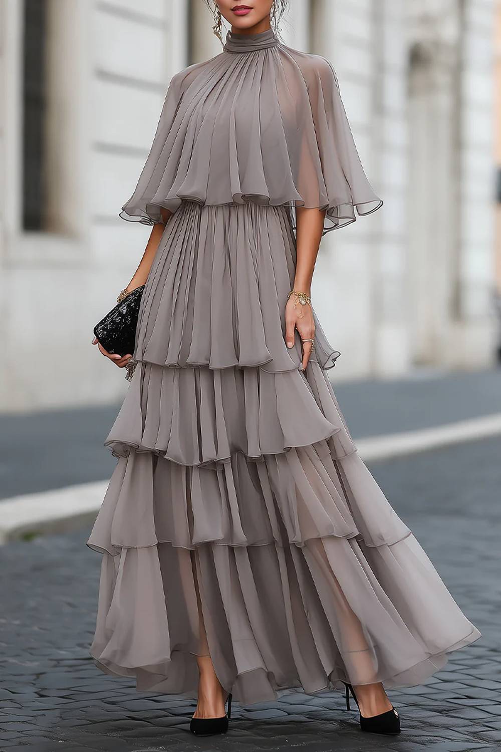 Cape Sleeve Tiered Flowy High Neck Maxi Dress