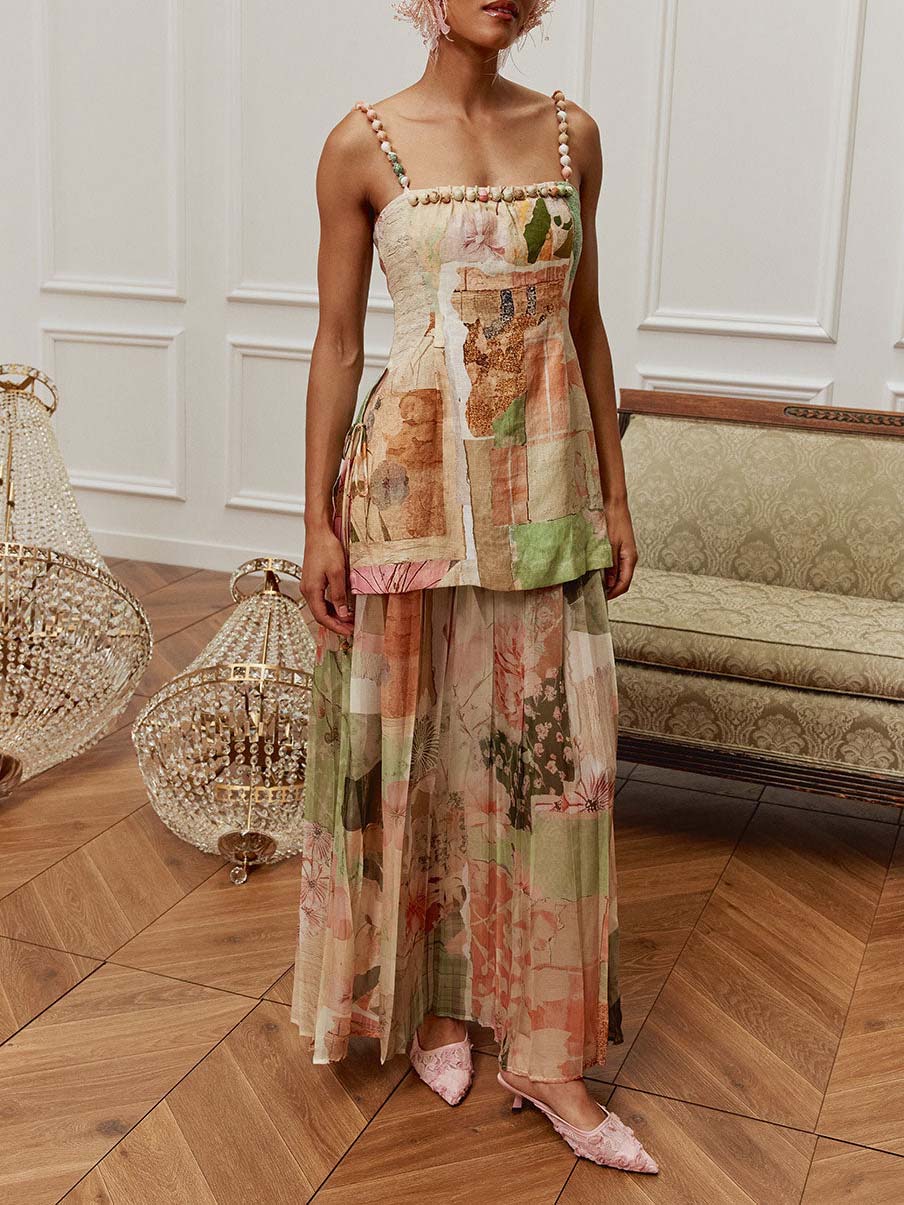 Retro Patchwork Print Beaded Strap Two-Piece Set