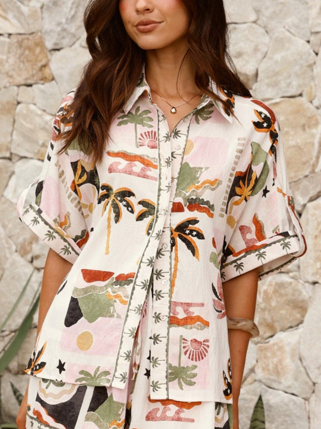 Casual Desert Palm Print Short-Sleeve Shirt & Shorts Two-Piece Set