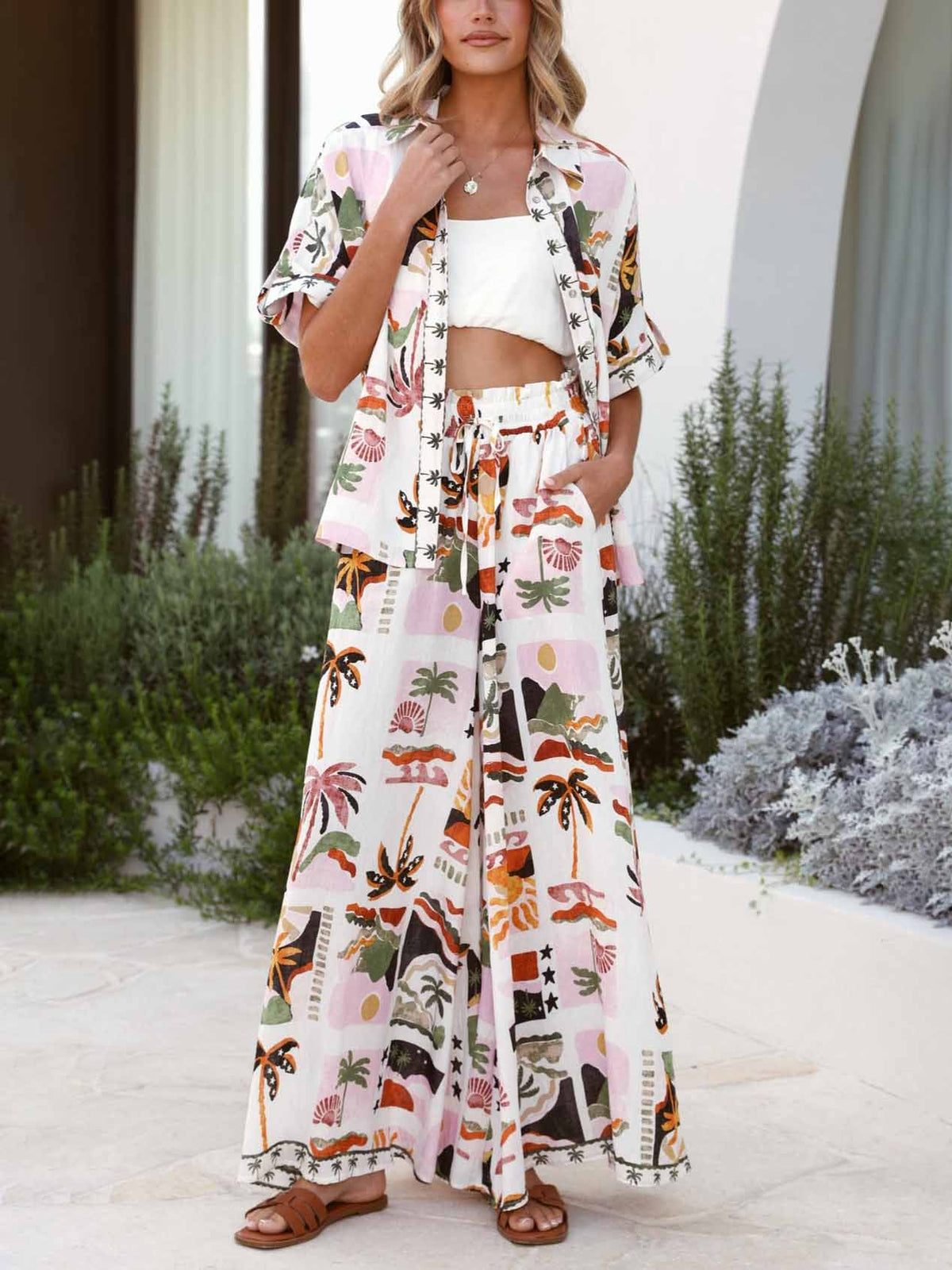Casual Desert Palm Print Short-Sleeve Shirt & Shorts Two-Piece Set