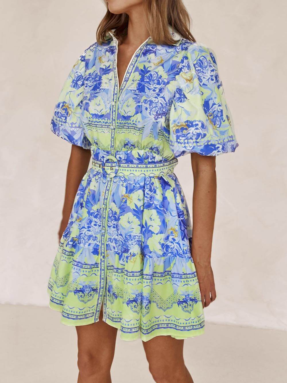 Blue And Yellow Floral Print Mini Dress-Likemychoice