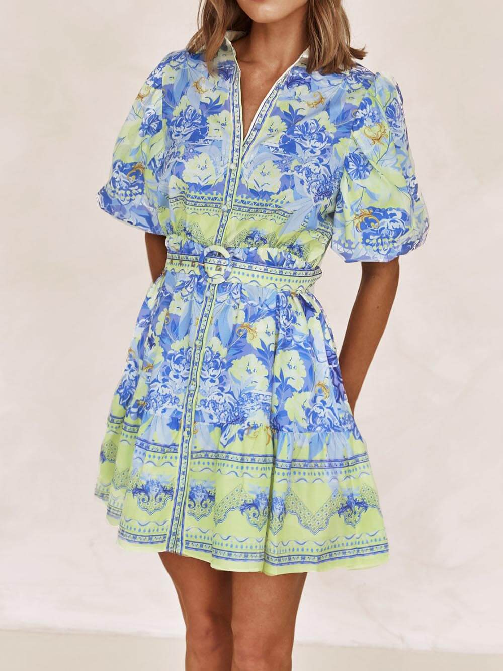 Blue And Yellow Floral Print Mini Dress-Likemychoice