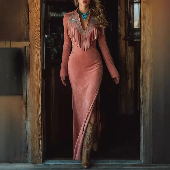 Western Fringe Embroidered Long Sleeve Slit Maxi Bodycon Dress