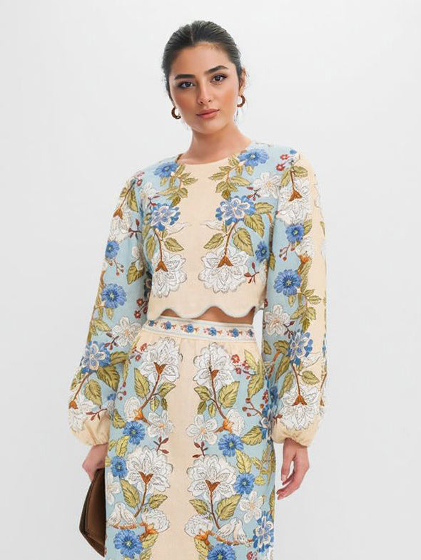 Retro Floral Embroidered Long-Sleeve Crop Top