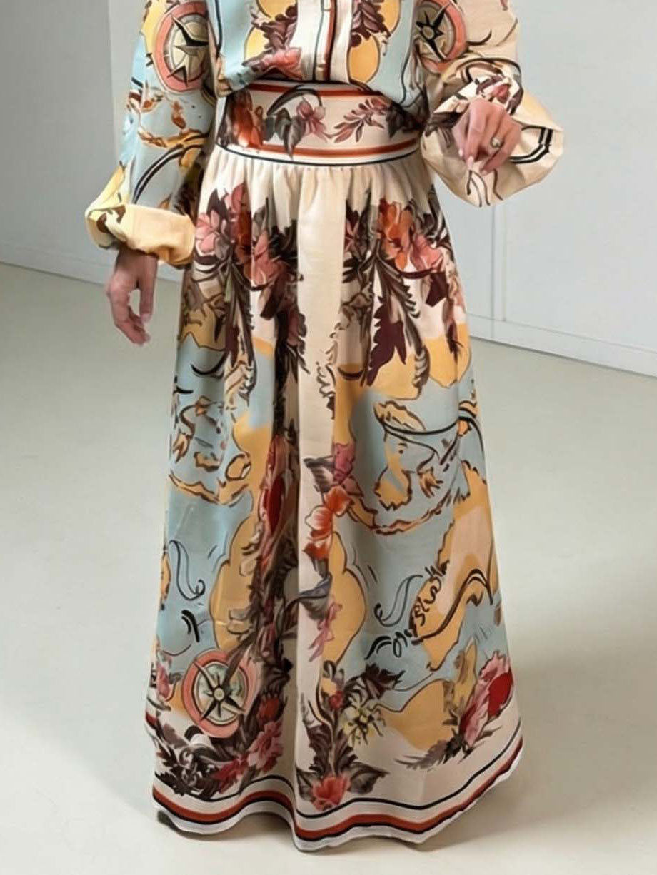 Retro Map Print Lantern Sleeve Shirt