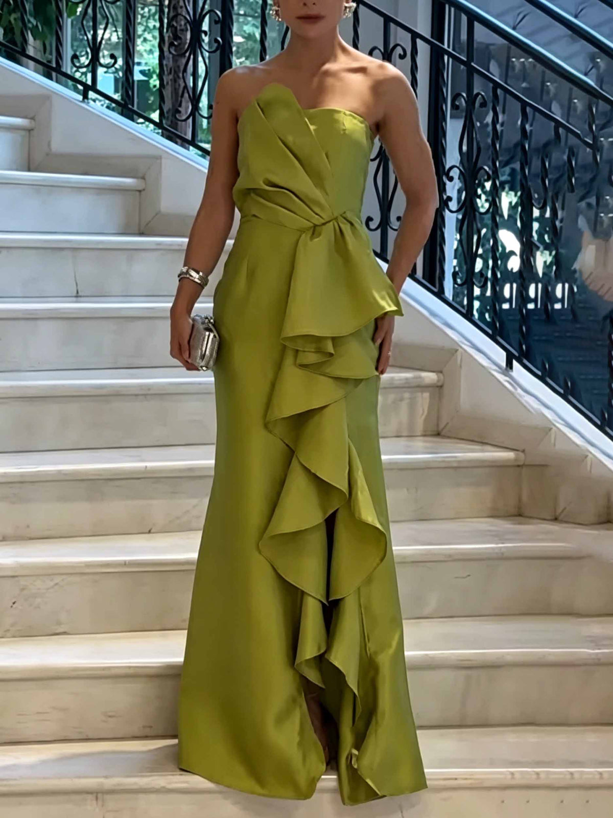 Elegant Strapless Ruffle Satin Gown Maxi Dress