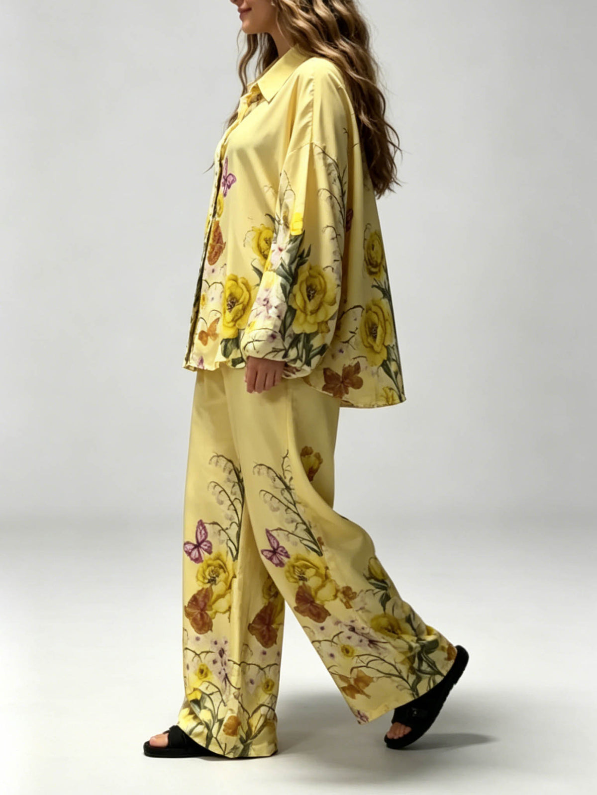 Exquisite Floral And Butterfly Print Satin Shirt